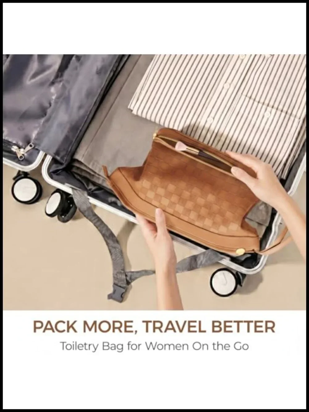 Double Layer Travel Makeup Bag with Brush Compartment, Waterproof PU Leather,